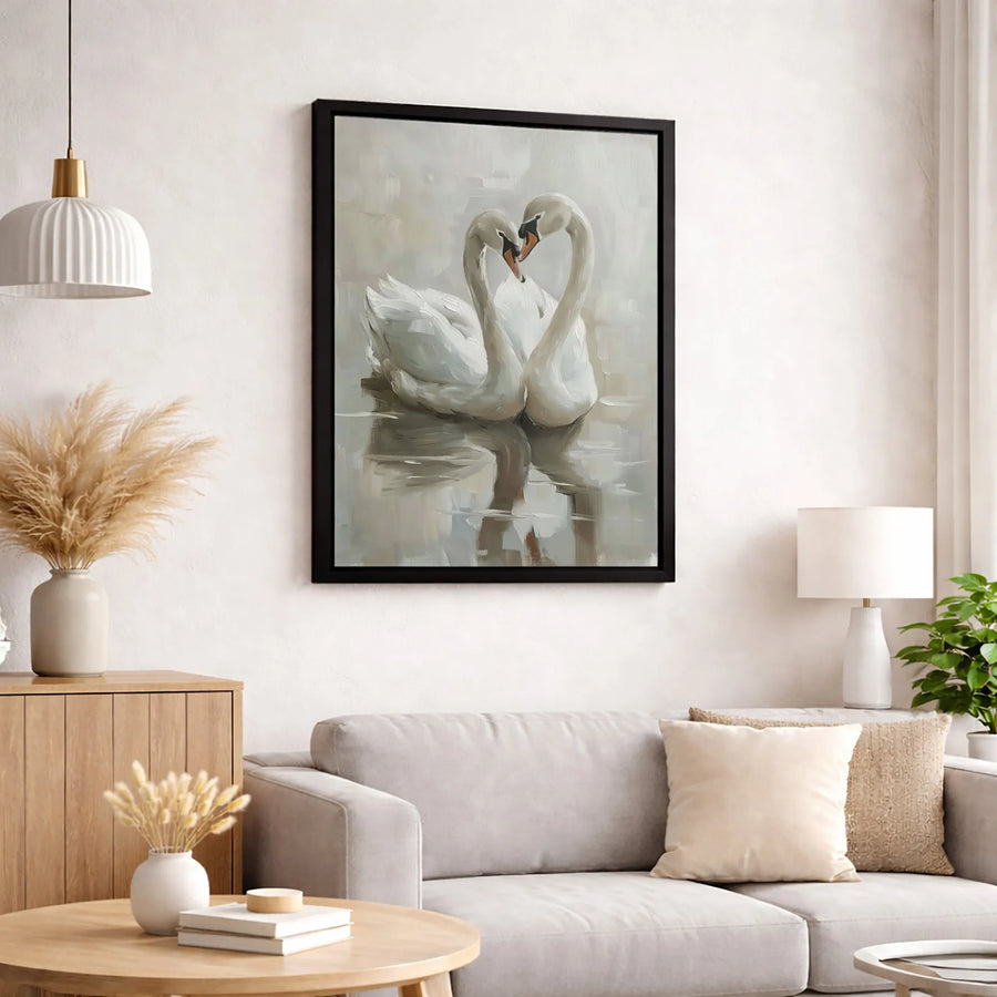 Swan Heart Wall Art | Romantic Couple Swans Oil Painting Style | Gallery Wrapped Premium Canvas | Bedroom Decor Gift For Anniversary Wedding