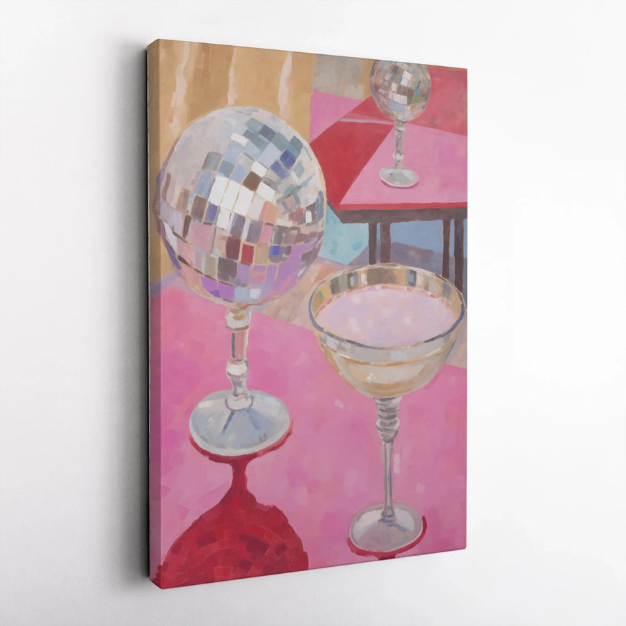 Pink Disco Ball Cocktail Vertical Canvas | Retro Bar Cart Art | Modern Whimsical Coupe Glass Painting Print | Premium 1.25" Thick Gallery Wrap | Trendy Aesthetic Housewarming Gift