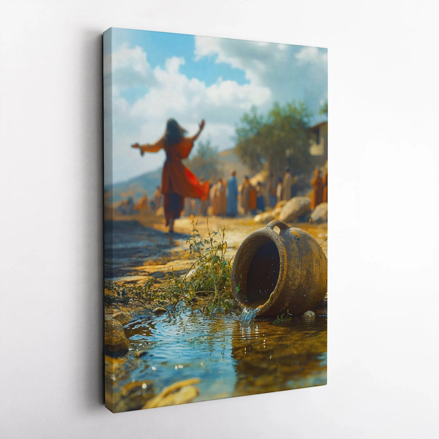 Living Water Biblical Art Canvas | Woman Rejoicing Near Clay Pot | Gallery Quality Religious Wall Decor | Spiritual Home Interior Gift