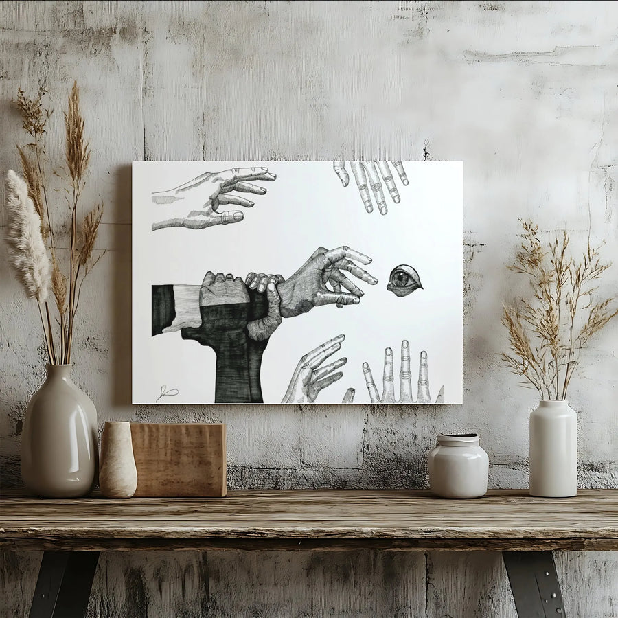 Surreal Hands Canvas Art | Black and White Ink Sketch Wall Decor | Gallery Wrapped Premium Print | Modern Aesthetic Home and Office Gift