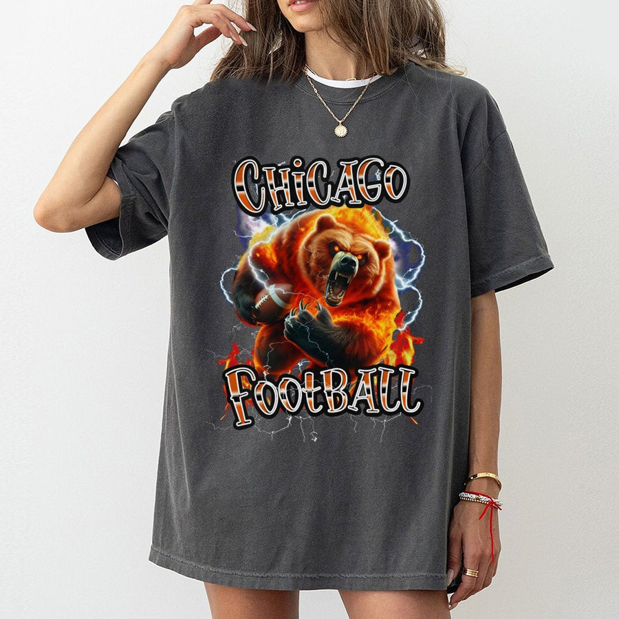 Chicago Football With Roaring Flaming Bear And Lightning T-Shirt