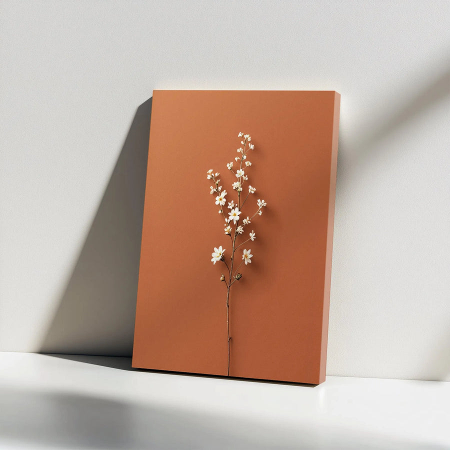 Minimalist Floral Canvas Print | White Wildflower Botanical Art | Premium Stretched Gallery Wrap | Modern Terracotta Home Decor Wall Art