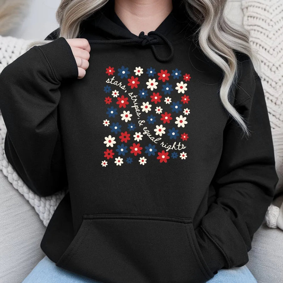 Equal Rights Hoodie | Stars Stripes & Equal Rights Floral Design | Premium Cotton-Blend Sweatshirt | Pro-Democracy 4th of July Gift for Women