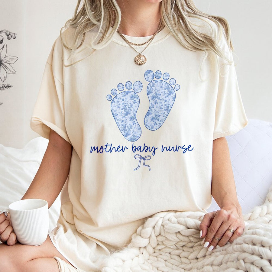 Mother Baby Nurse T-Shirt | Blue Floral Baby Feet Design | 100% Cotton Premium Tee | Coquette Aesthetic L&D RN Gift