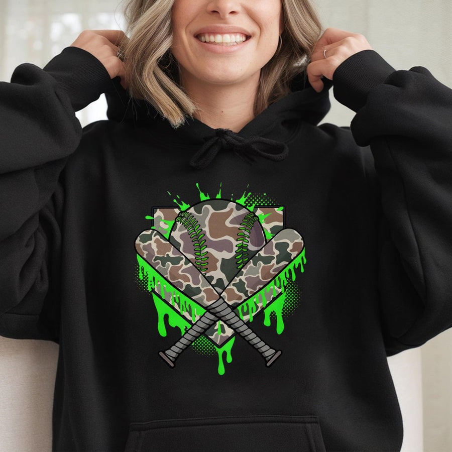Baseball Camo Drip Hoodie | Neon Green Paint Splatter Graphic | Cotton Blend Sportswear | Baseball Gift for Players and Fans