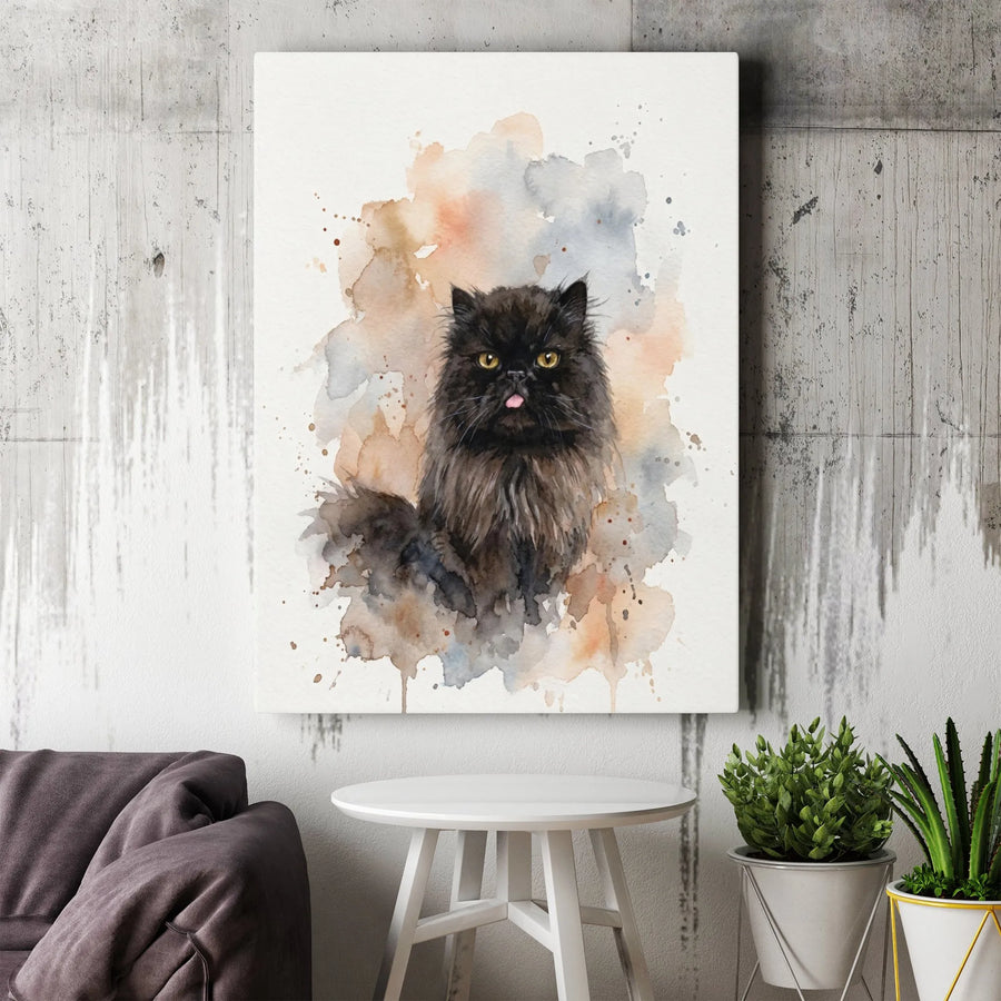 Black Persian Cat Canvas Art | Whimsical Watercolor Blep Portrait | Premium Gallery-Wrapped Print | Unique Pet Lover Gift Decor