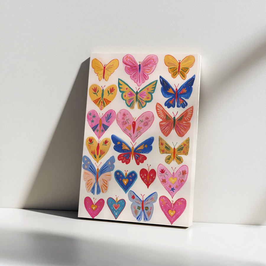 Folk Art Butterfly and Heart Vertical Canvas | Whimsical Colorful Bohemian Wall Art | Premium 1.25” Gallery Wrap | Cozy Cottagecore Gift for Her
