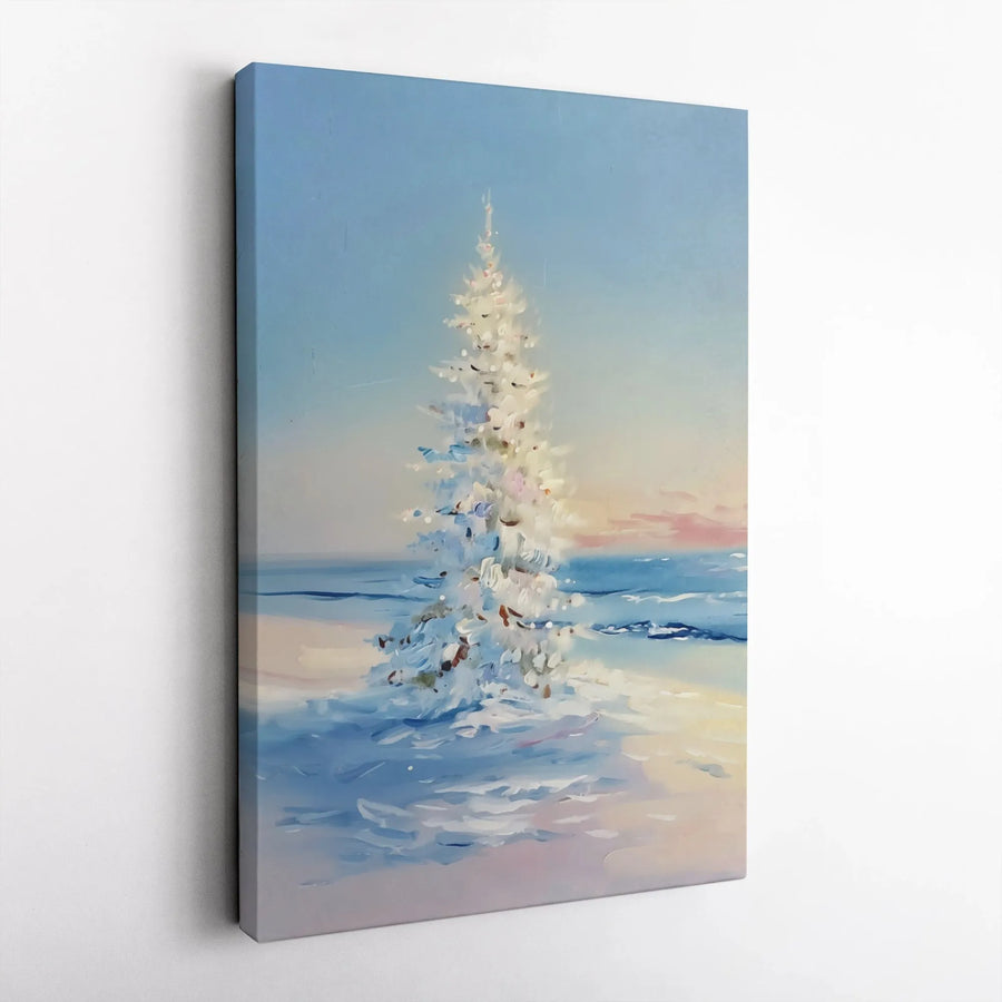 Coastal Christmas Tree Canvas Art | Snowy Beach Impressionist Wall Decor | Premium Fade-Resistant Gallery Print | Winter Holiday Living Room Gift