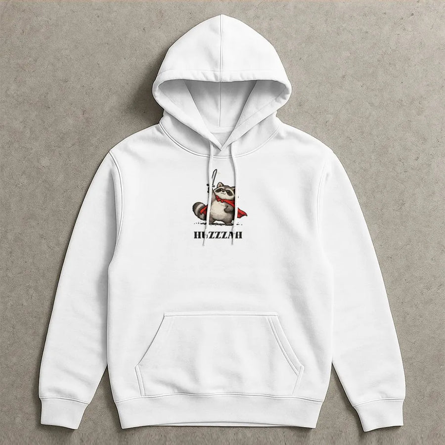 Raccoon Knight Graphic Hoodie | Huzzzah Medieval Warrior Humor | Soft Cotton Shirt | Funny Meme Aesthetic Gift for Fantasy Fans