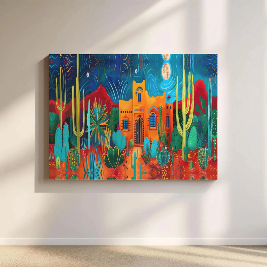 Southwestern Desert Canvas Wall Art | Psychedelic Cactus Adobe Hacienda Landscape | Premium Fade-Resistant Print | Bohemian Home Decor Gift