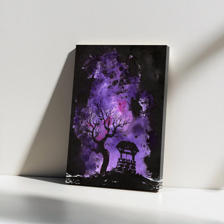 Gothic Tree and Wishing Well Canvas Art | Purple Night Sky Watercolor Wall Decor | Premium Gallery Wrap Print | Spooky Halloween Home Gift