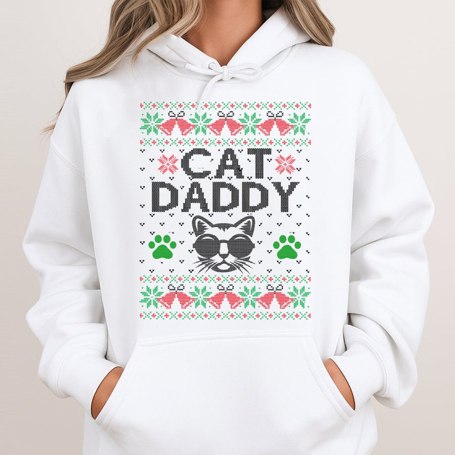 Cat Daddy Ugly Christmas Hoodie | Funny Feline Lover Graphic Sweatshirt | Premium Cotton-Blend Pullover | Perfect Holiday Gift for Men and Women