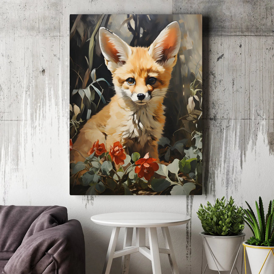 Fennec Fox Wall Art | Cute Baby Fox With Red Roses Painting | Premium Gallery Wrap Canvas | Nursery Decor or Animal Lover Gift