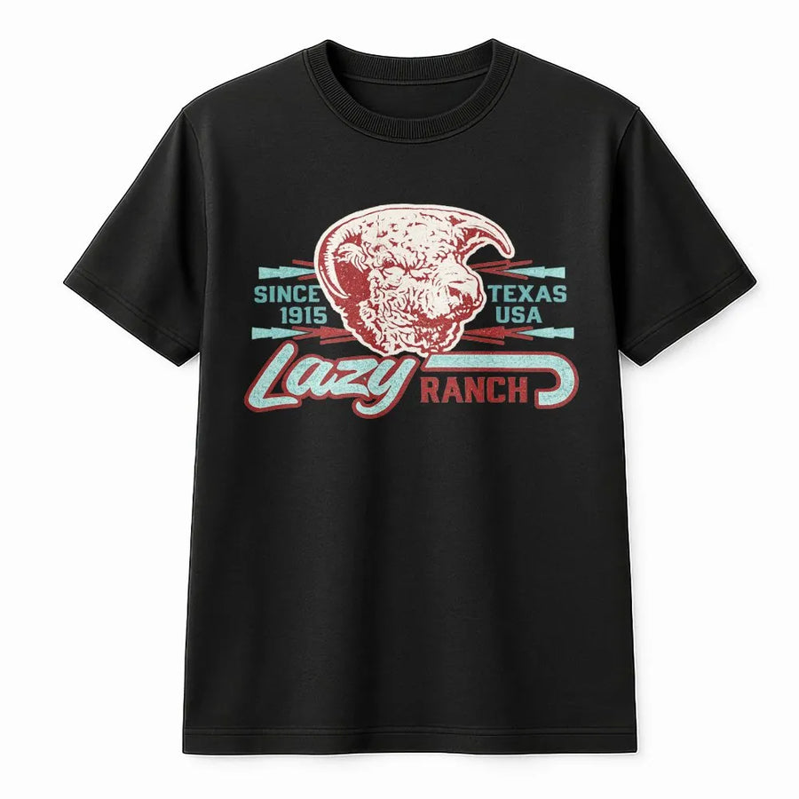 Lazy J Ranch T-Shirt | Vintage Texas Ram Skull Graphic | Soft Cotton Western Wear | Gift for Cowboy or Rancher