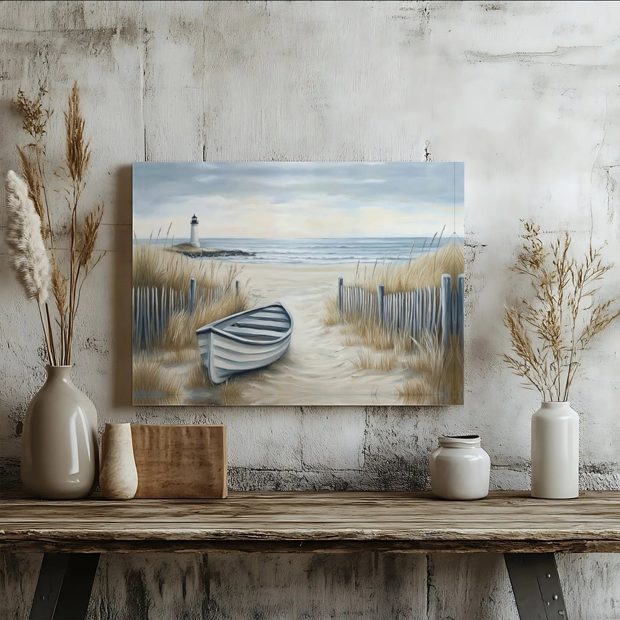 Coastal Lighthouse Canvas Wall Art | Serene Beach Boat Landscape | Premium Gallery Wrap 1.25” Frame | Nautical Decor for Living Room Gift