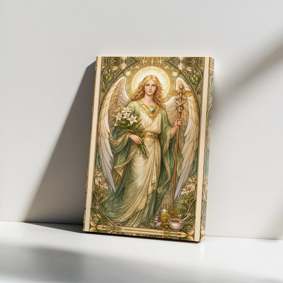 Archangel Raphael Canvas Wall Art | Art Nouveau Healing Angel Print | Premium Gallery Canvas | Spiritual Home Decor Gift
