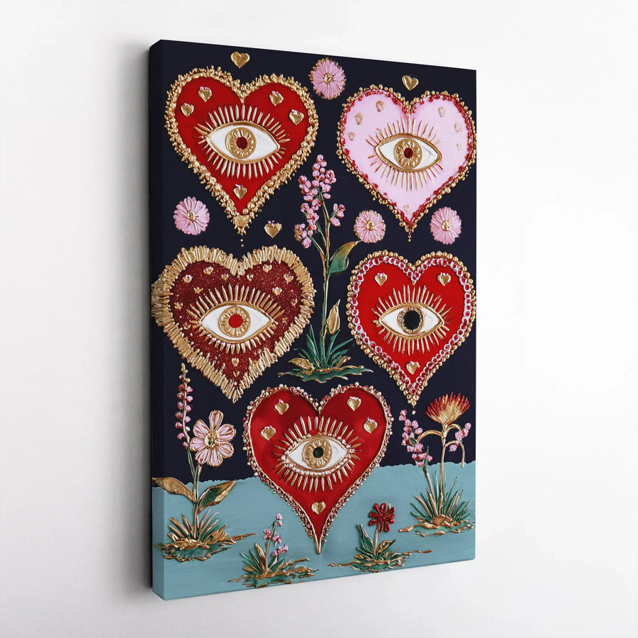 Mystical Evil Eye Heart Canvas Art | Surreal Floral Boho Wall Decor | Premium Gallery Wrap Print | Spiritual Aesthetic Gift for Her
