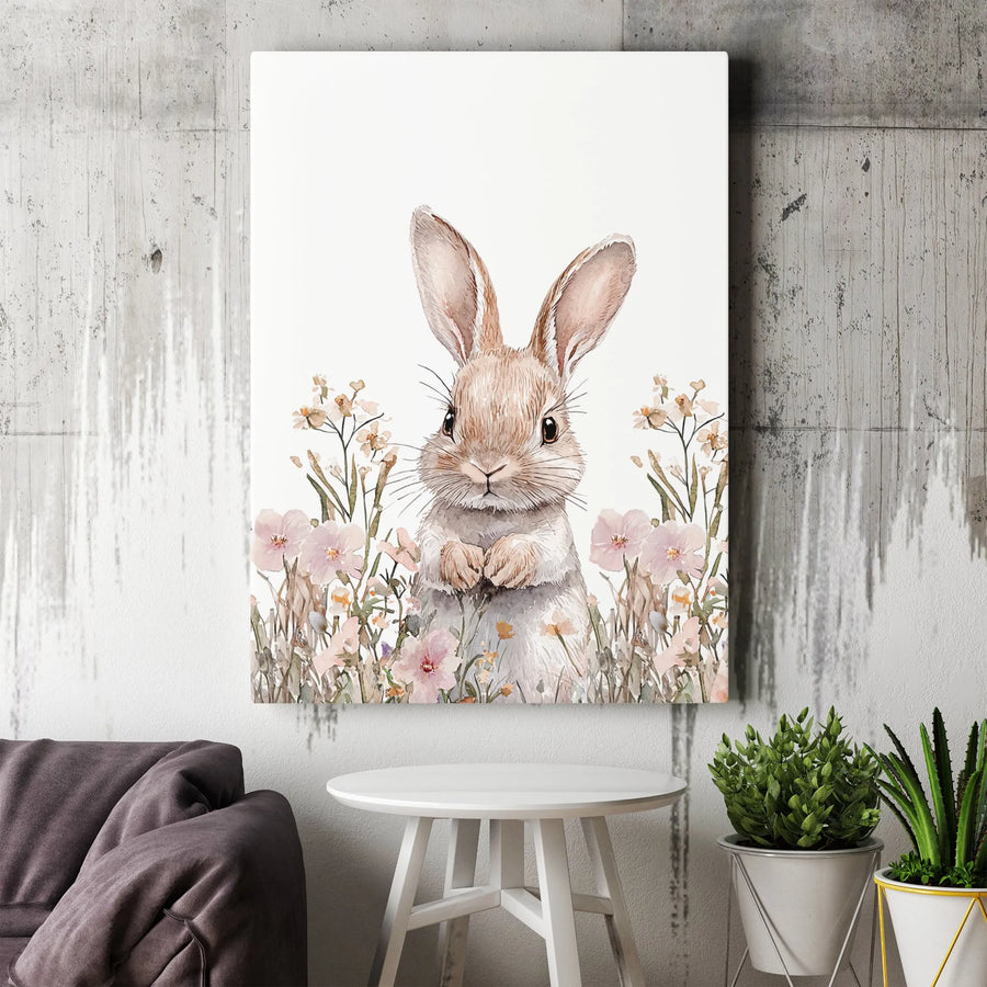 Watercolor Bunny Canvas Print | Cute Rabbit Wall Art with Pink Wildflowers | Premium Gallery Wrap Decor | Nursery & Spring Home Decor Gift