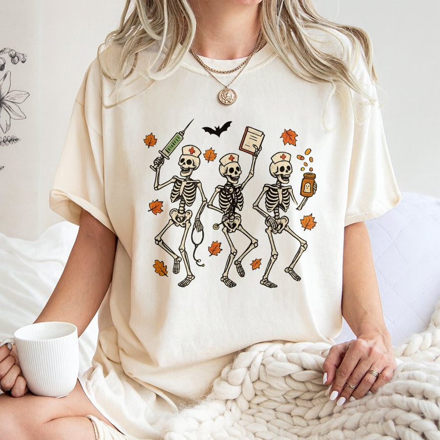 Halloween Nurse Skeleton T-Shirt | Dancing Spooky Fall Medical Design | 100% Cotton Premium Tee | RN Nurse Practitioner Halloween Gift