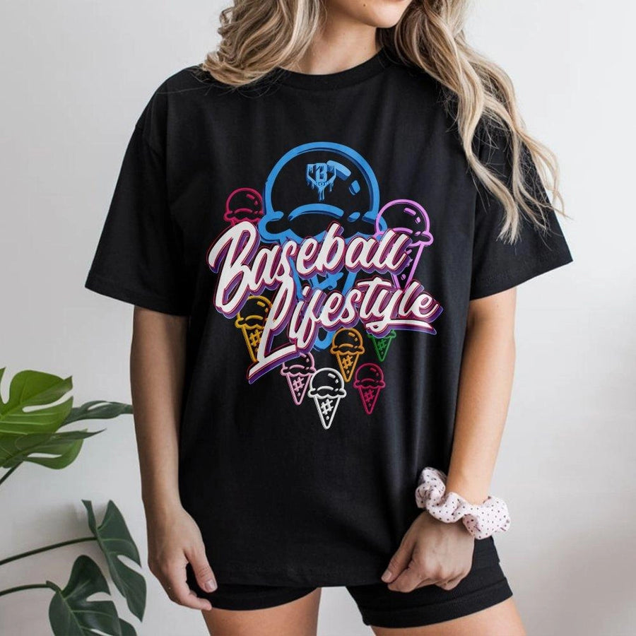Baseball Lifestyle T-Shirt | Neon Ice Cream Graphic Design | 100% Premium Cotton | Unique Gift For Baseball Players & Sports Fans