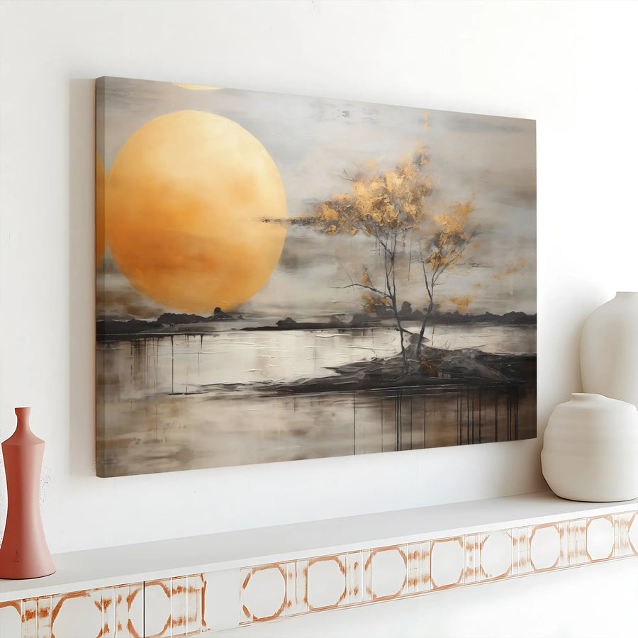 Abstract Gold Tree Wall Art | Golden Sun Landscape Canvas Print | 1.25 Inch Gallery Wrap | Modern Home Office Decor Gift
