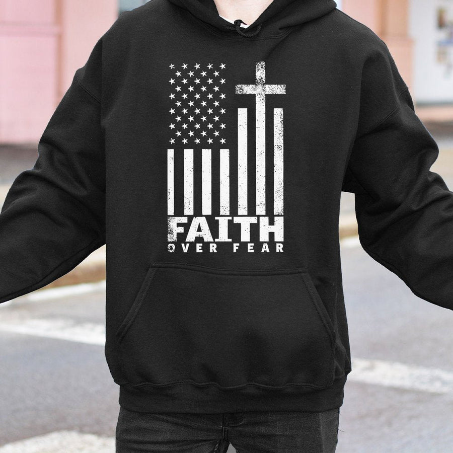 Faith Over Fear Hoodie | Distressed USA Flag Christian Cross Graphic | Premium Cotton Blend | Inspirational Religious Gift for Men and Women