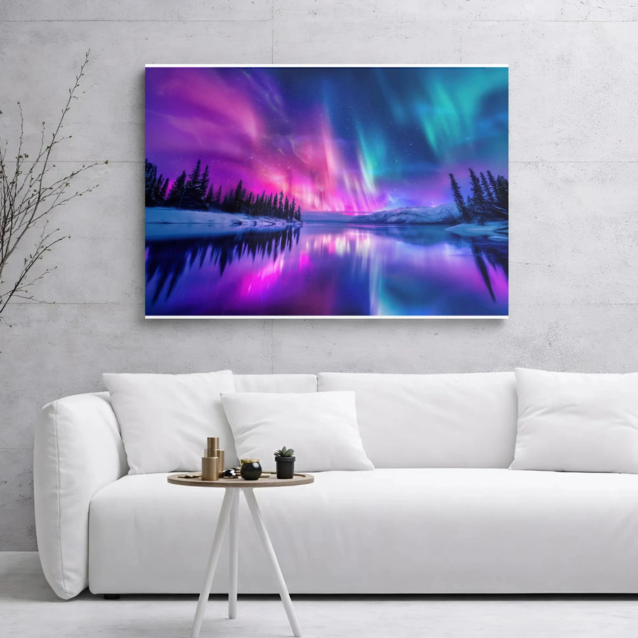 Aurora Borealis Canvas Wall Art | Vibrant Northern Lights Snowy Lake Landscape | Premium Gallery Wrap Print | Nature Lover Home Decor Gift