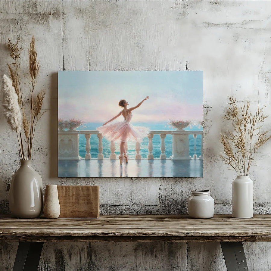 Ballerina Wall Art | Pink Tutu Dancer Ocean View Landscape | Premium Gallery Wrap Canvas | Elegant Home Decor Gift for Dance Lovers