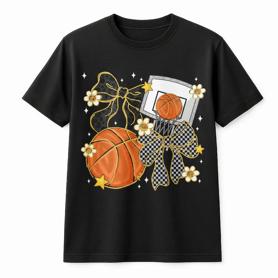 Basketball Coquette Bow T-Shirt | Leopard Print Bow & Hoop Design | Premium Soft Cotton Tee | Cute Game Day Gift for Basketball Mom & Girls