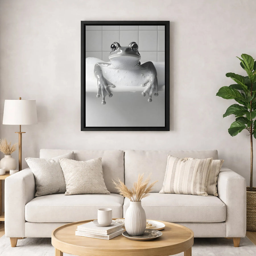 Frog In Bubble Bath Canvas Print | Whimsical Bathroom Wall Art | Premium Fade-Resistant Gallery Wrap | Funny Animal Decor for Home Office