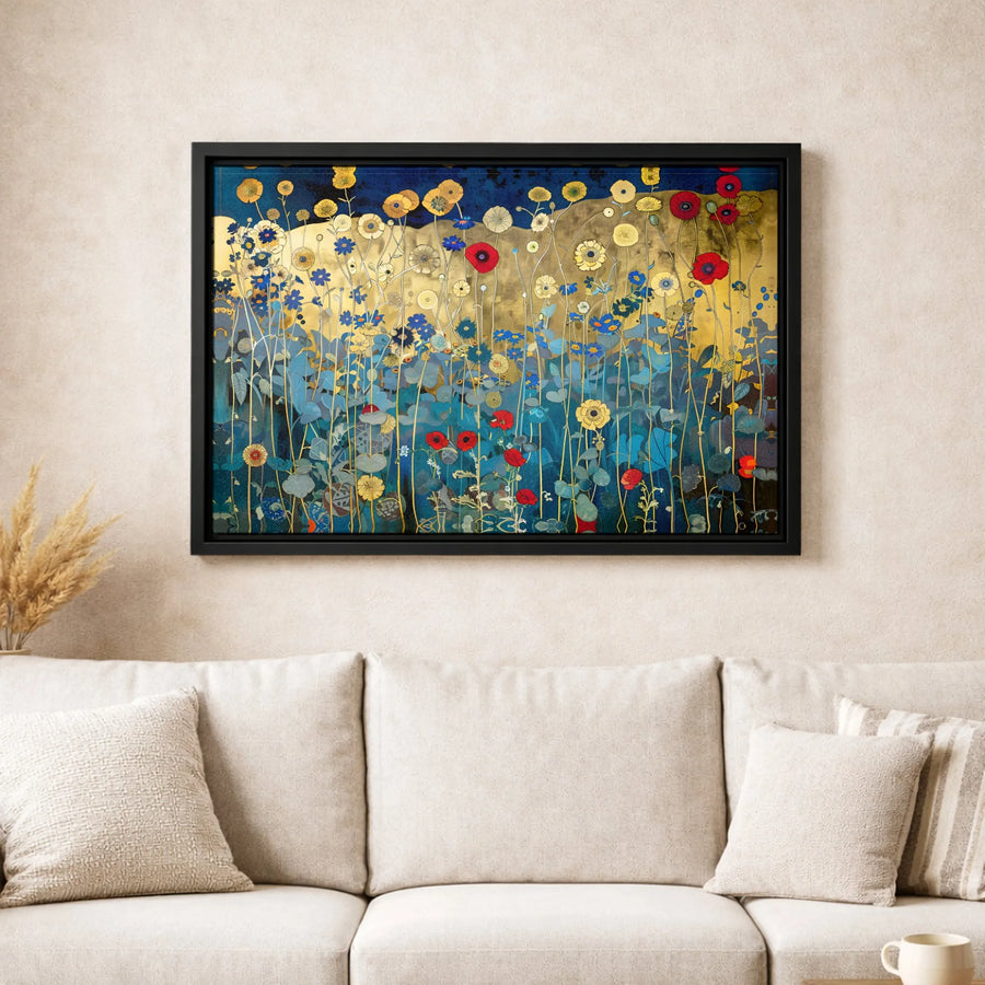 Abstract Gold And Blue Floral Canvas Wall Art | Wildflower Meadow With Red Poppies | Premium Gallery Wrap Print | Modern Home & Office Decor Gift