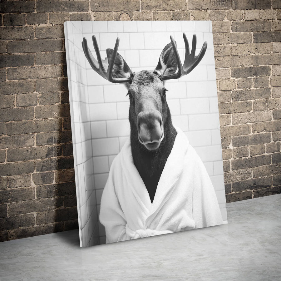 Funny Moose Wall Art | Quirky Animal in Bathrobe Portrait | Premium Gallery Wrapped Canvas | Bathroom Decor Gift for Nature Lovers