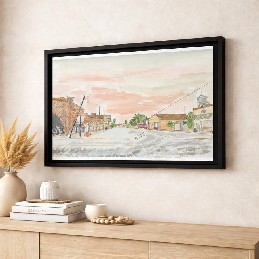 Small Town Street Scene Watercolor Canvas | Nostalgic Rural Townscape Art | Premium Gallery-Wrapped Print | Home Office Decor Gift