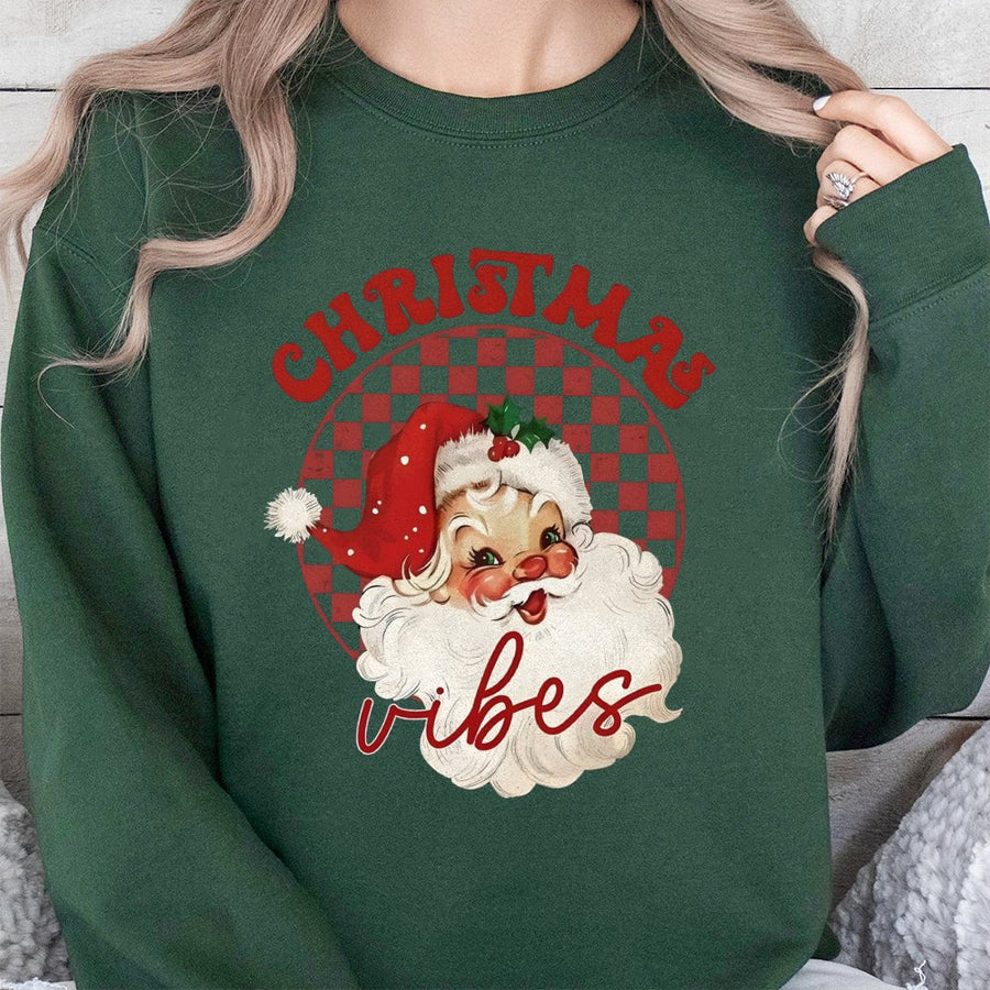 Christmas Vibes Sweatshirt | Retro Santa Graphic with Checkered Background | Premium Cotton Blend Crewneck | Cozy Holiday Gift for Women
