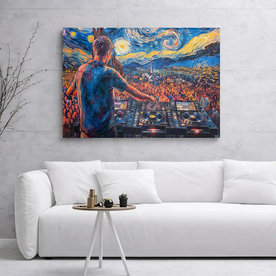 DJ Music Festival Canvas Print | Starry Night Impressionist Style Art | Premium Gallery Wrap Decor | Gift for Music Producers and EDM Fans
