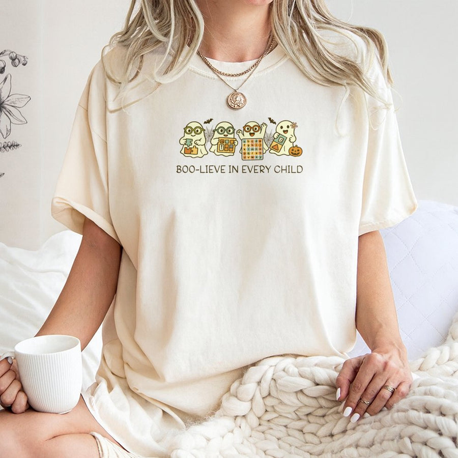 Special Education Teacher Halloween T-Shirt | Boo-lieve In Every Child Cute Ghosts | 100% Cotton Premium Tee | Inclusive Sped Educator Gift