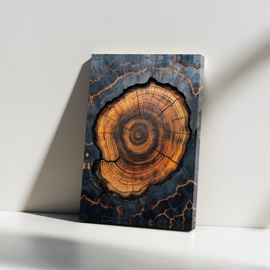 Tree Ring Wall Art Canvas | Modern Abstract Wood Grain with Gold Veins | 1.25" Gallery Wrap Premium Print | Nature Home Decor Gift for Living Room Office