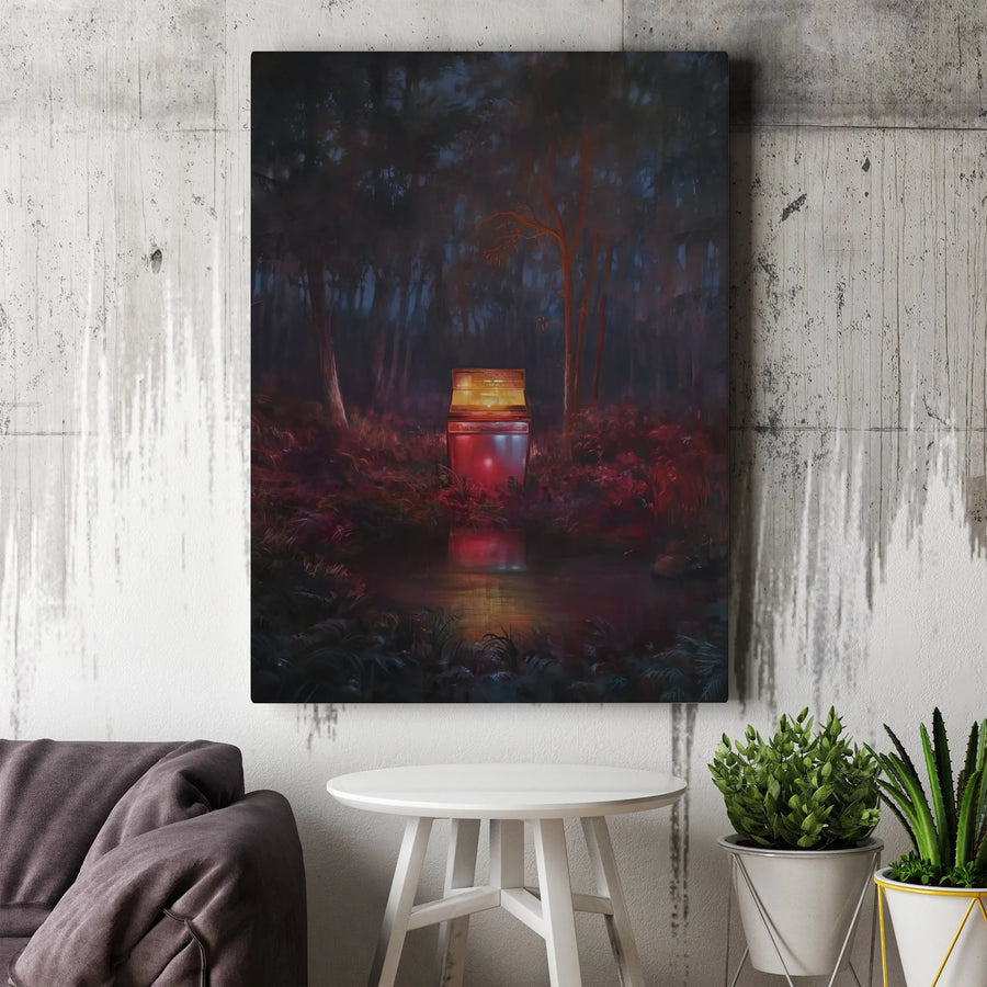 Surreal Forest Wall Art | Glowing Red Refrigerator in Woods | Premium Gallery Canvas | Moody Surrealism Home Decor Print