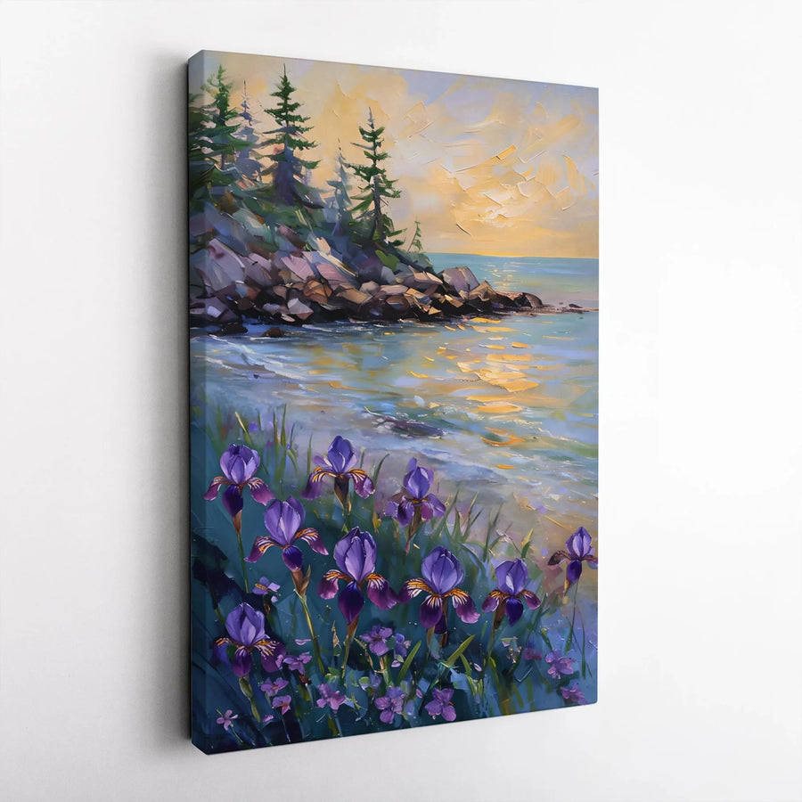 Coastal Iris Sunset Canvas Wall Art | Textured Impressionist Seascape Print | Premium 1.25" Thick Gallery Wrap | Modern Botanical Home Decor Gift