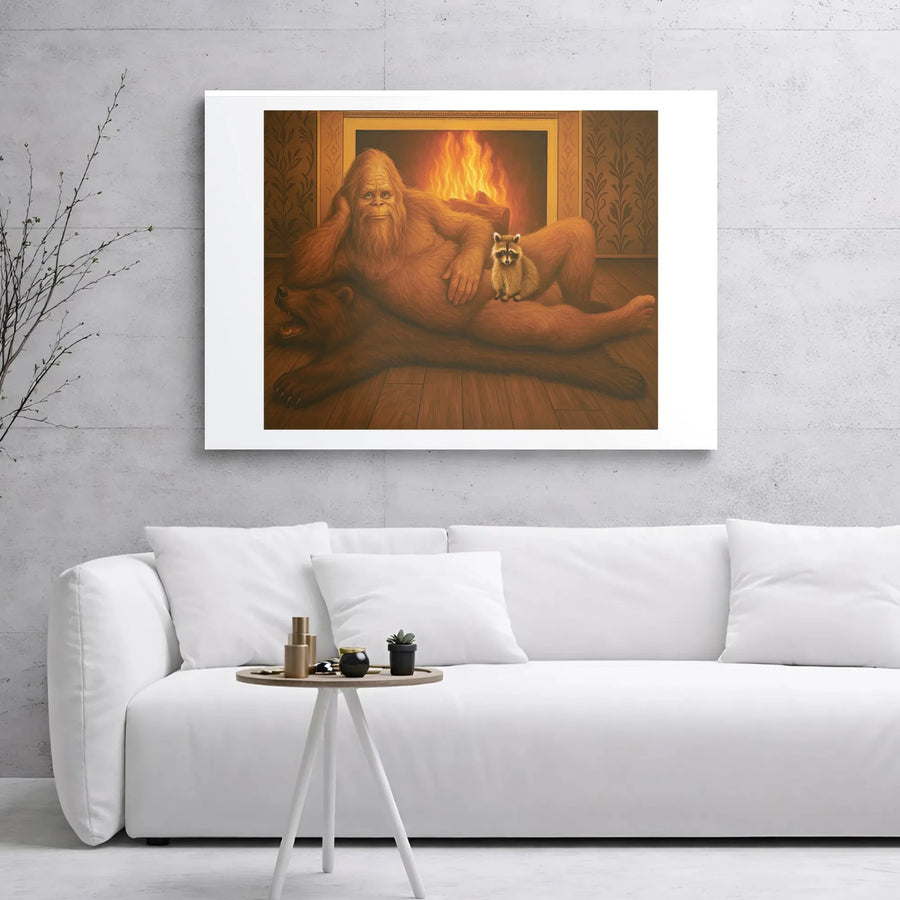 Bigfoot Wall Art | Humorous Sasquatch Seductive Fireplace Portrait | Premium Gallery-Wrapped Canvas | Unique Gift for Cryptid Lovers & Cabin Decor