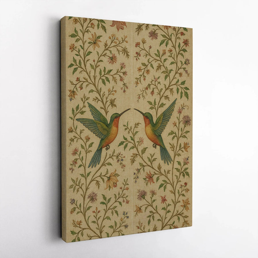 Hummingbird Floral Canvas Art | Vintage Symmetrical Botanical Wall Decor | Premium 1.25" Thick Gallery Wrap | Elegant Nature Lover Home Gift