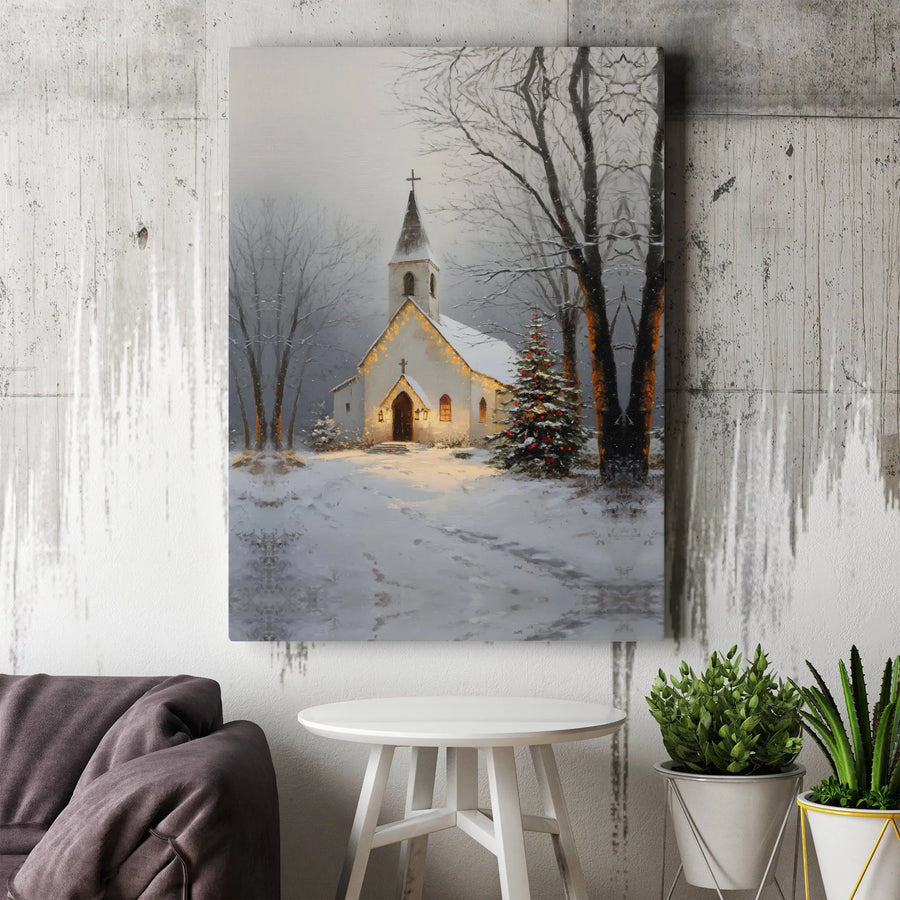 Christmas Church Canvas Print | Snowy Winter Landscape with Lit Tree | 1.25" Gallery Wrap | Religious Holiday Home Decor Gift