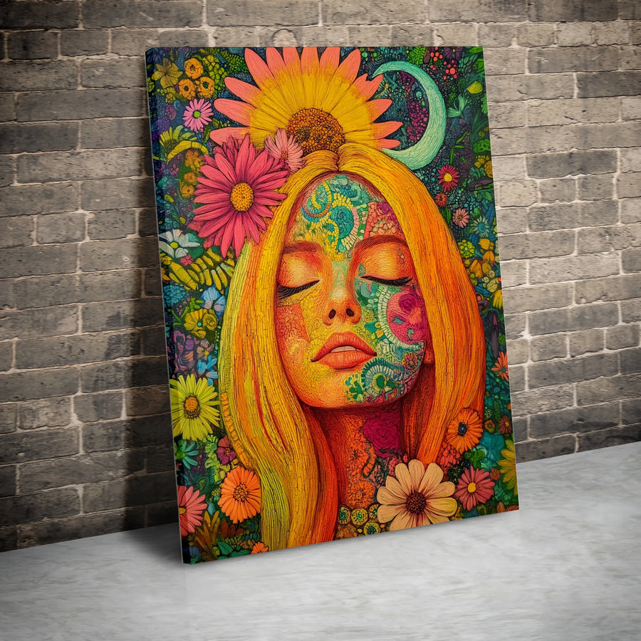 Psychedelic Floral Woman Canvas Print | Bohemian Flower Child Portrait | Premium Gallery Wrapped Canvas | Trippy Boho Chic Wall Decor Gift
