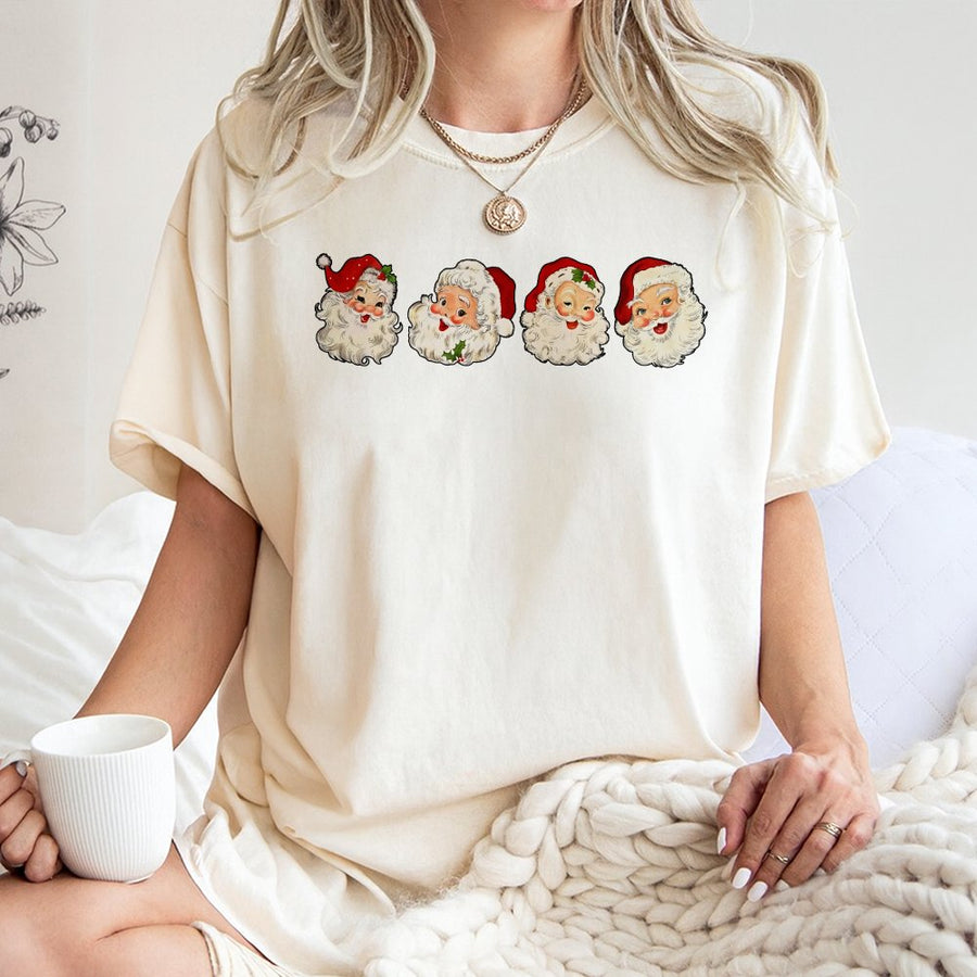 Retro Santa Graphic T-Shirt | Vintage Christmas Faces Design | 100% Cotton Premium Tee | Unisex Holiday Gift for Men and Women