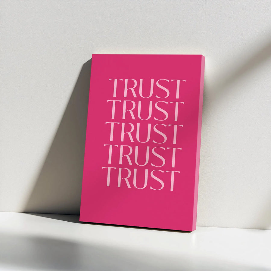Trust Affirmation Vertical Canvas | Modern Hot Pink Repeated Text Wall Art | Premium 1.25 Inch Gallery Wrap | Aesthetic Dorm & Bedroom Decor Gift