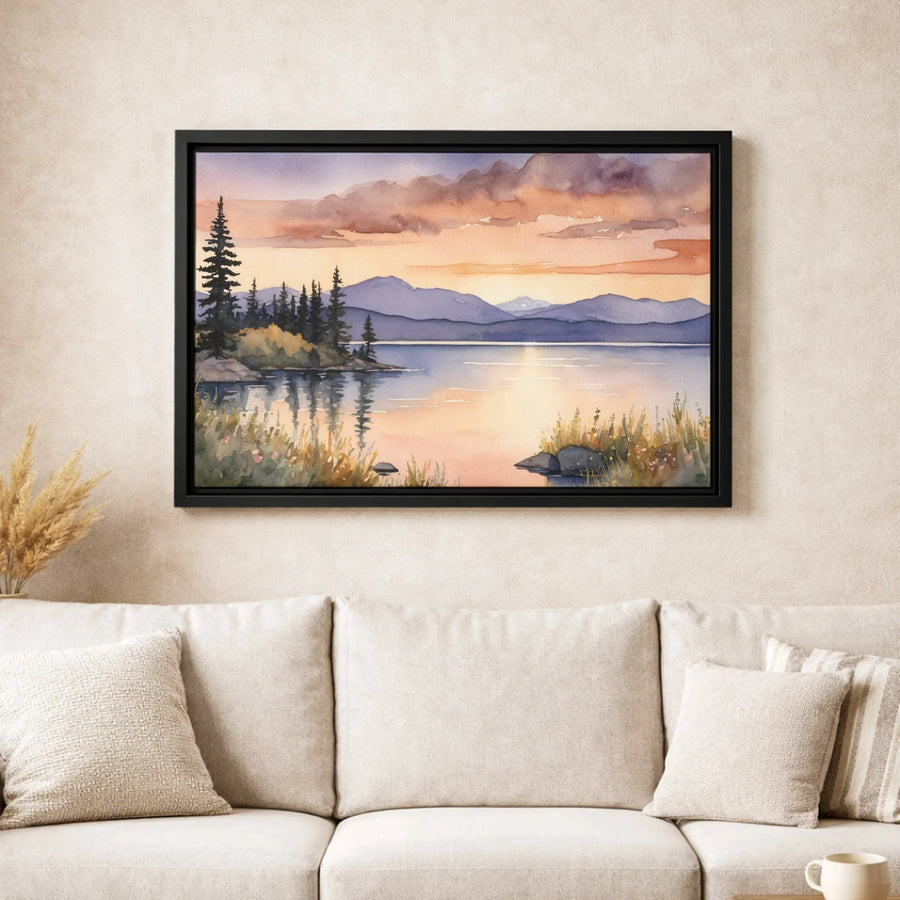 Mountain Lake Canvas Wall Art | Watercolor Sunset Landscape with Pine Trees | Premium Gallery-Wrapped Print | Serene Nature Home Decor Gift