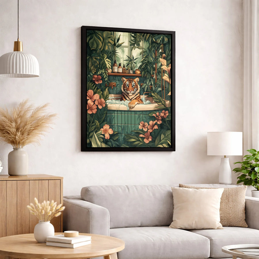 Tiger In Bathtub Wall Art | Tropical Jungle Bathroom Decor | Premium Gallery Wrap Canvas | Unique Animal Portrait Gift For Home