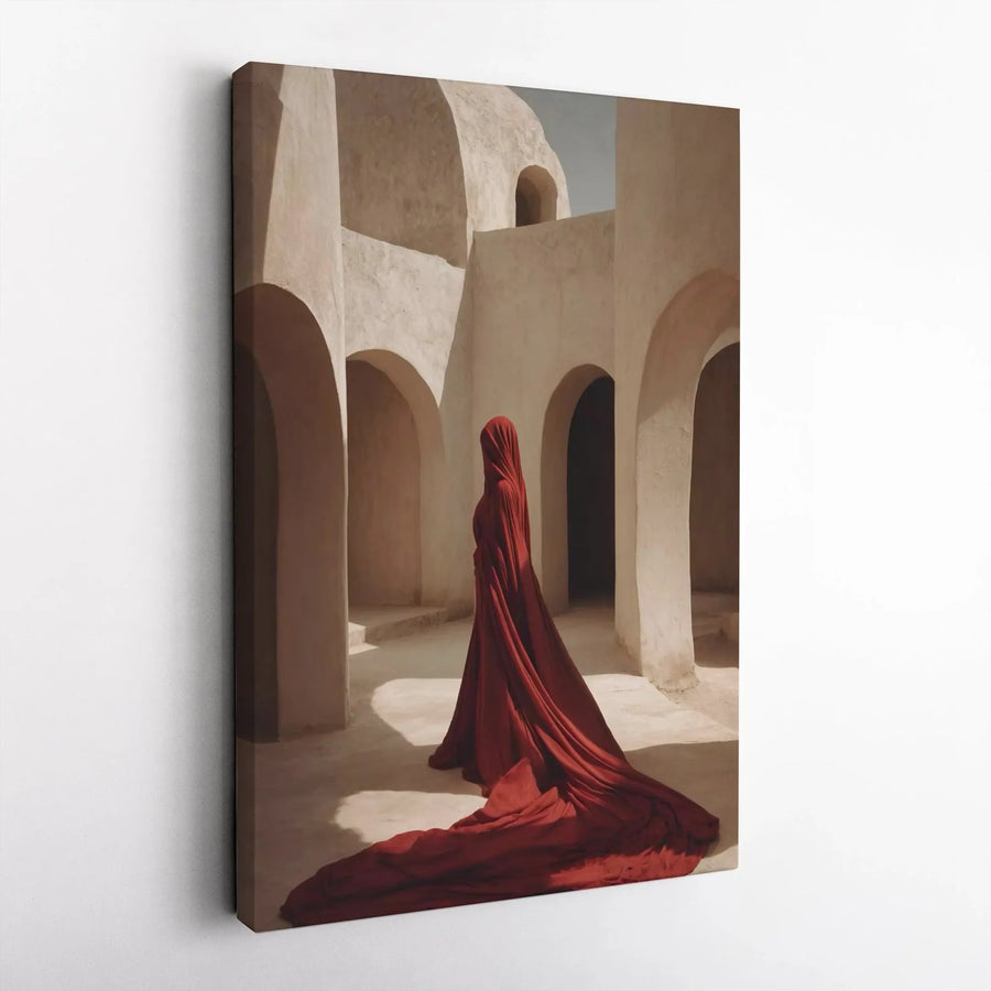 Mysterious Red Figure Vertical Canvas | Abstract Architectural Wall Art | Premium Gallery Wrapped Canvas | Modern Home & Office Decor Gift