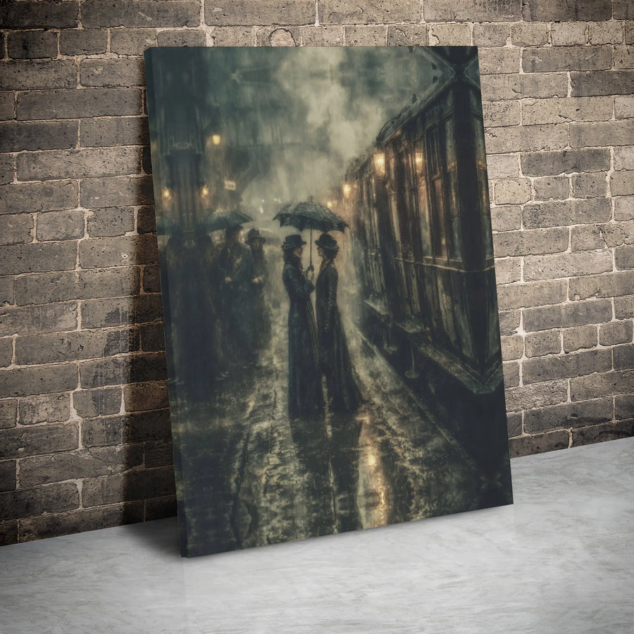 Victorian Rain Canvas Art | Moody Train Station Umbrella Scene | 1.25-Inch Gallery Wrap Print | Gothic Aesthetic Home Decor Gift
