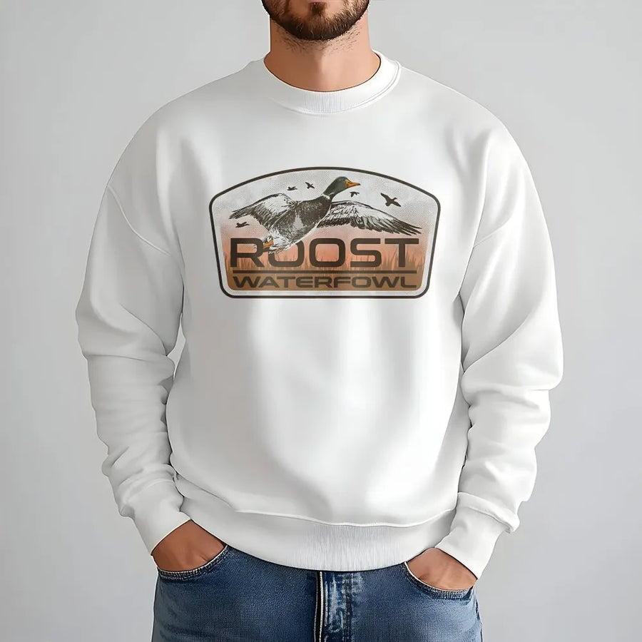 Roost Waterfowl Sweatshirt | Flying Duck Hunting Graphic | Cotton-Poly Blend | Premium Wildlife Gift for Outdoorsmen